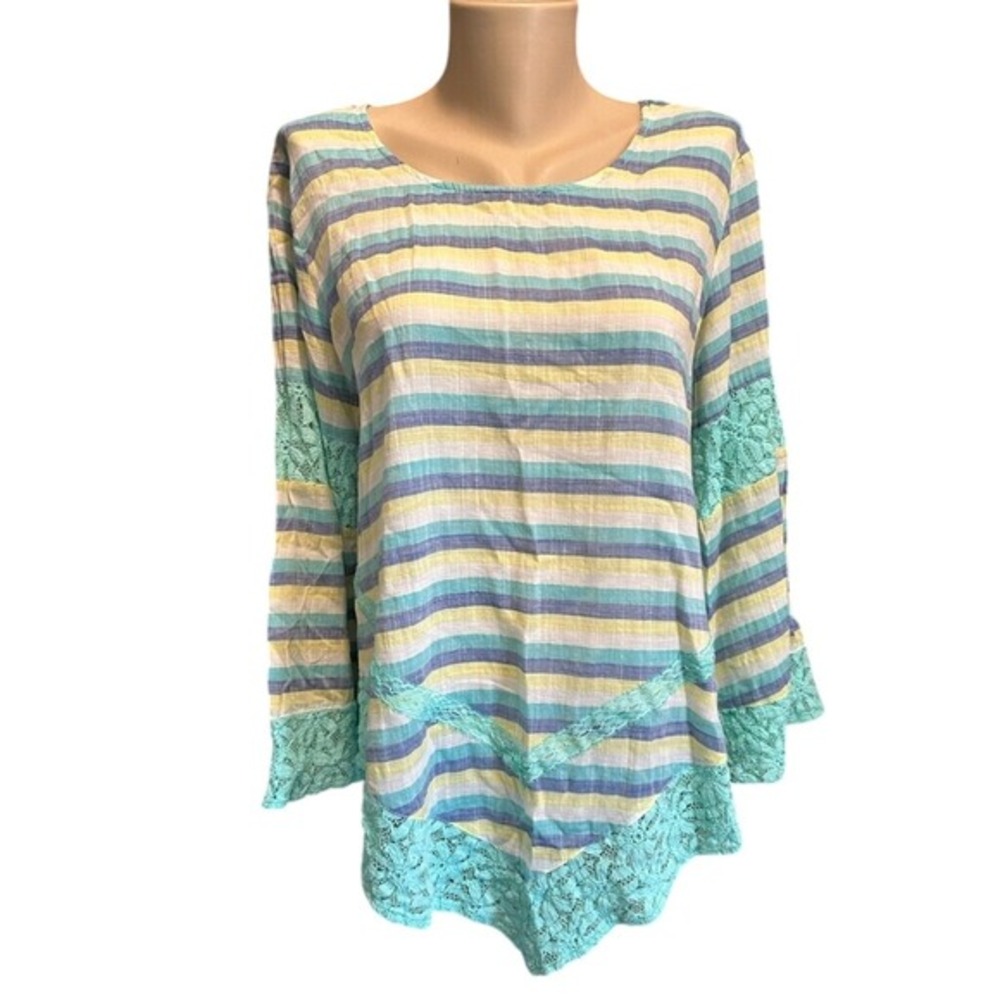 Young Threads New York City Striped Tunic‎ Top, Lace Detail, Women's Size L